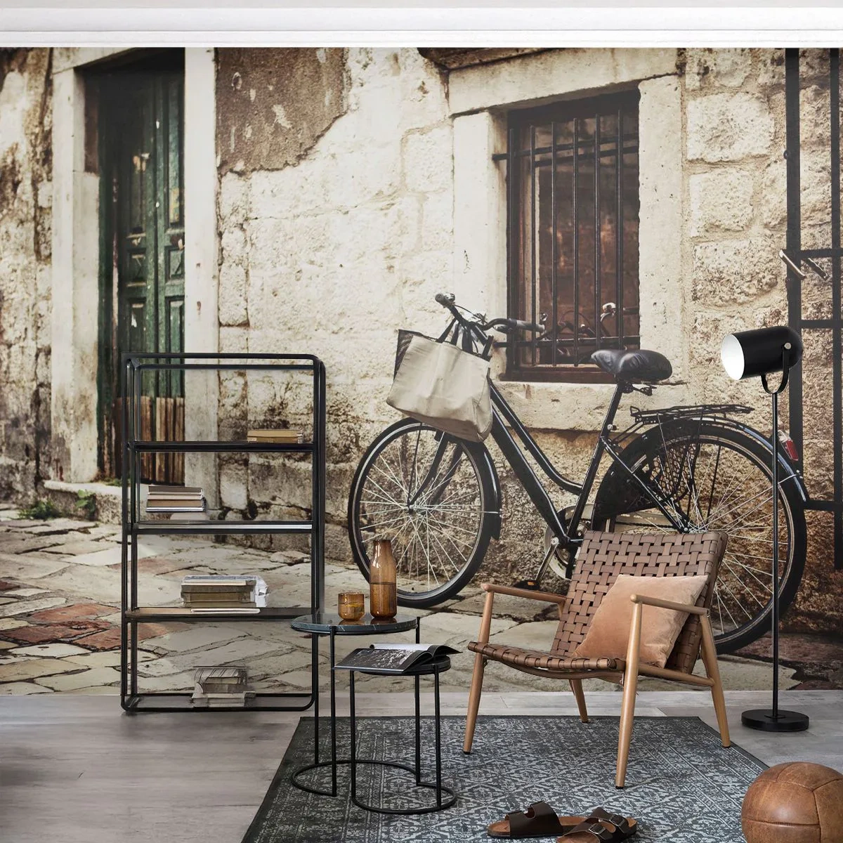 Fototapet Standard Eco - Tilbage til fortiden - Arkitektur, Cykel, Årgang - 400x280 cm