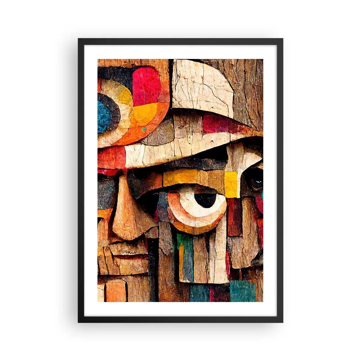 Plakat i sort ramme - Et abstrakt ansigt lavet af farverige træklodser. - 50x70cm - Jeg kan se dig... - Moderne vægdekoration til stue og soveværelse ARTTOR