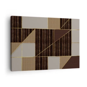 Lærredstryk - Billede på lærred - Geometriske mønstre i brune nuancer med guldlinjer - 70x50cm - En mosaik af brune og gyldne farver - Moderne vægdekoration til stue og soveværelse ARTTOR