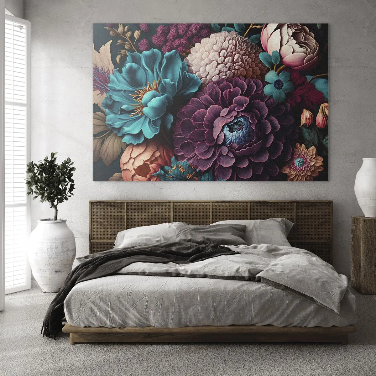 Billede på glas - En rig sammensætning af blomster i intense farver - 70x50cm - Natur i overflod - Moderne vægdekoration til stue og soveværelse ARTTOR
