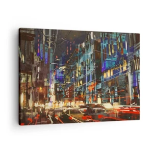 Lærredstryk - Billede på lærred - Byens nattescene med neonlys - 70x50cm - Aftenens travlhed på gaden - Moderne vægdekoration til stue og soveværelse ARTTOR