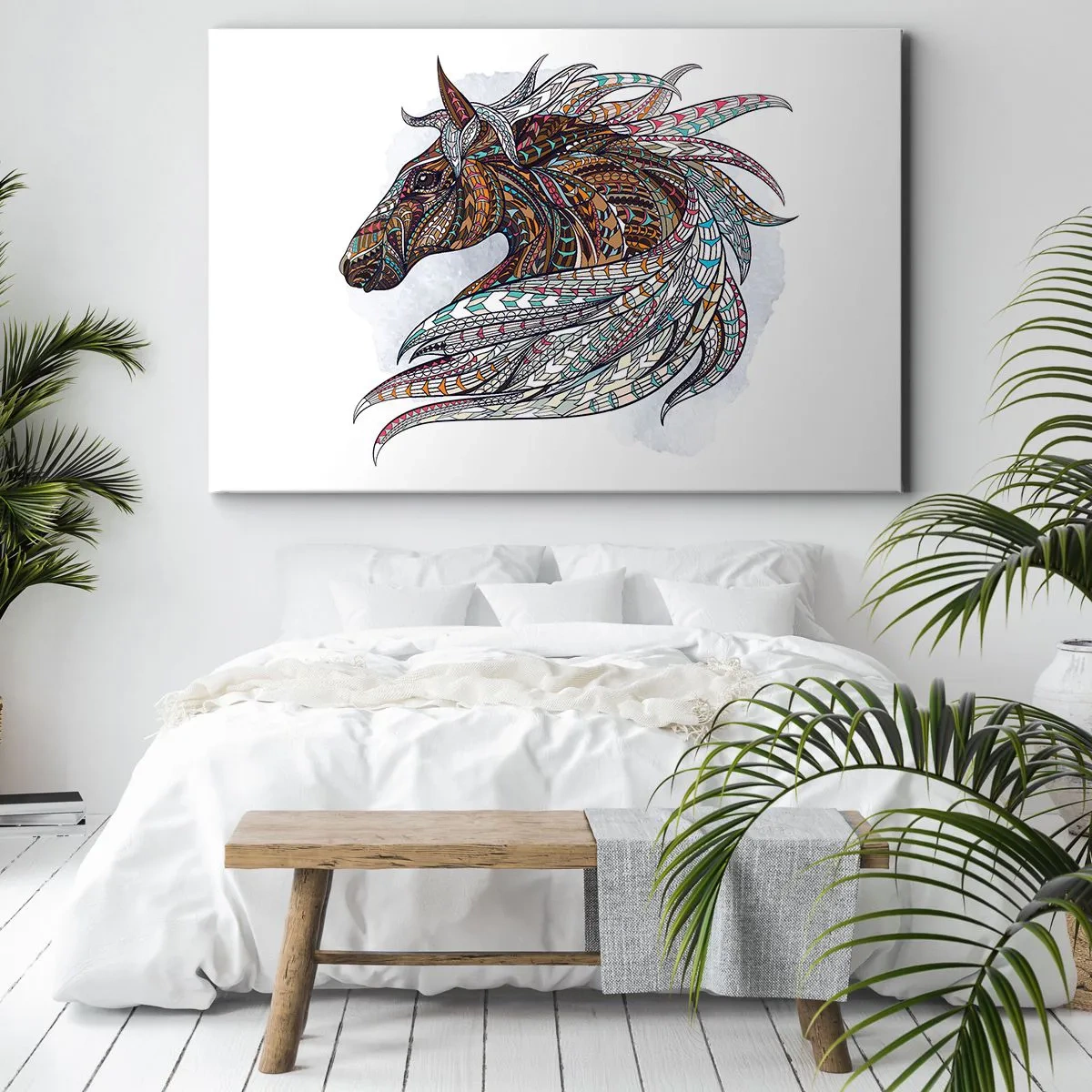 Lærredstryk - Billede på lærred - En geometrisk hest med en farverig, detaljeret manke - 70x50cm - Den keltiske krigers hest - Moderne vægdekoration til stue og soveværelse ARTTOR