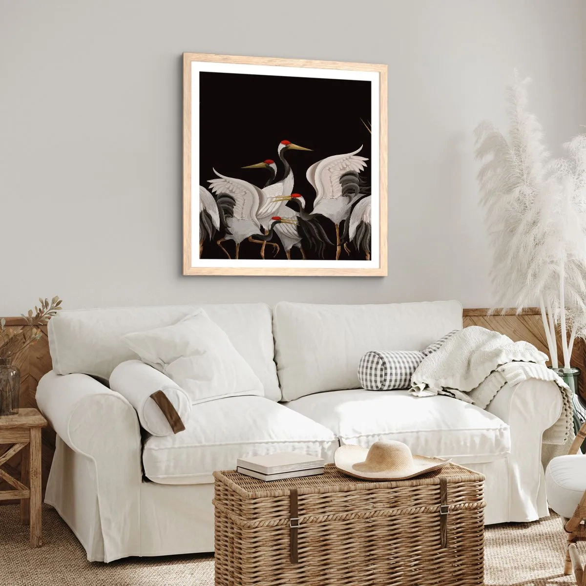 Plakat i ramme af lyst egetræ - Fugle anliggender - 40x40 cm