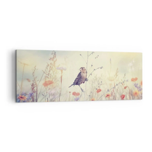 Lærredstryk - Billede på lærred - Fugleportræt med en eng i baggrunden - 140x50 cm