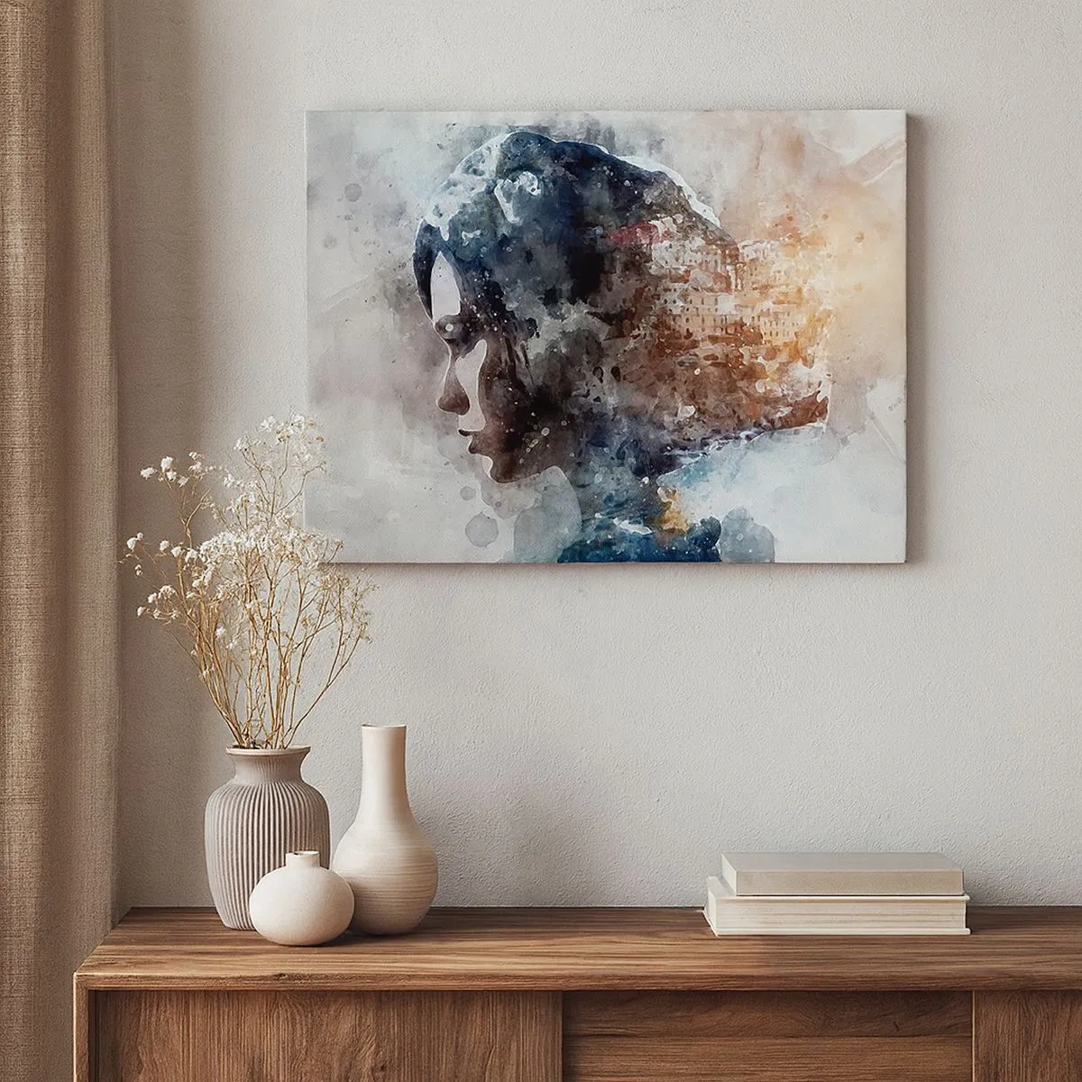 Lærredstryk - Billede på lærred - Portræt af en kvinde, der kombinerer sit ansigt med et bylandskab i baggrunden - 70x50cm - Historien om en pige med en by i baggrunden - Moderne vægdekoration til stue og soveværelse ARTTOR