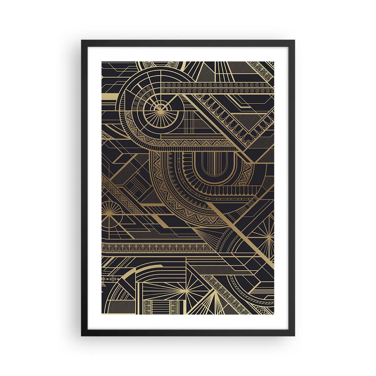 Plakat i sort ramme - Geometrisk mønster i gyldne nuancer på sort baggrund - 50x70cm - Koncepter, idéer, planer - Moderne vægdekoration til stue og soveværelse ARTTOR