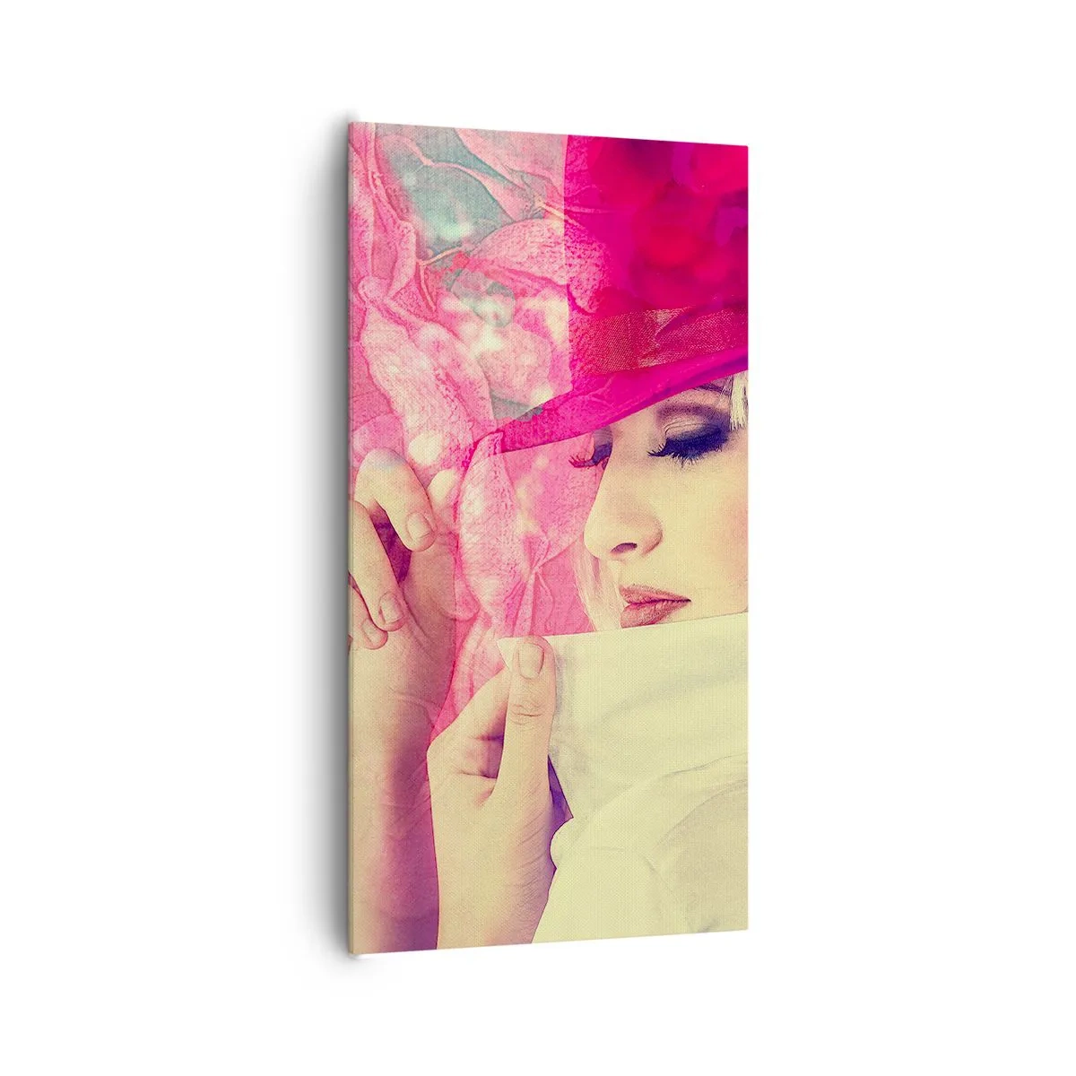 Lærredstryk - Billede på lærred - Retro portræt i lyserødt - 65x120 cm