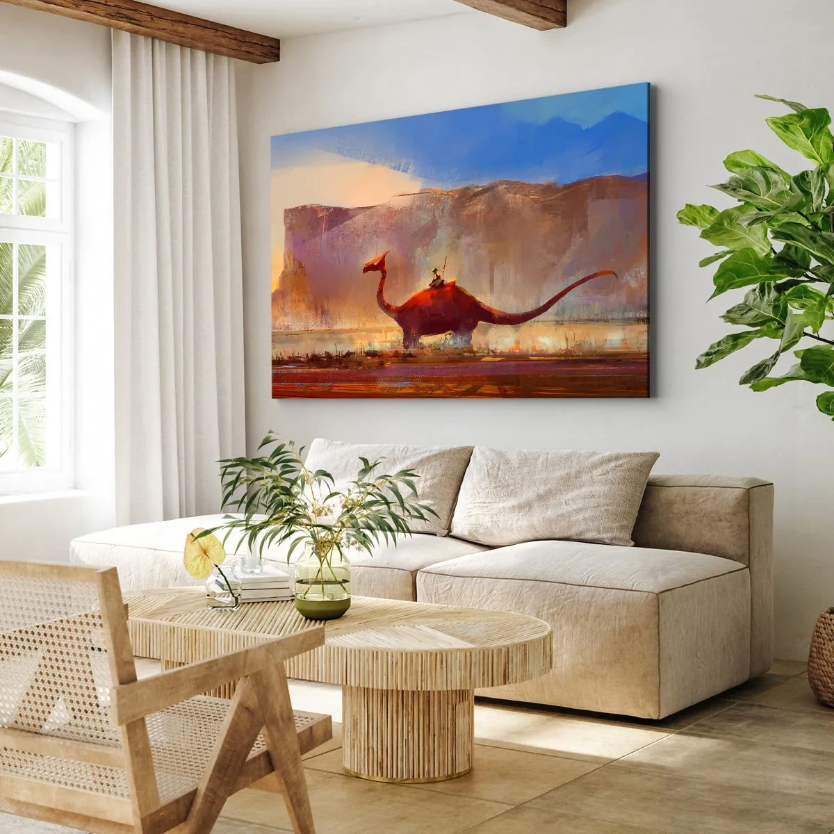 Lærredstryk - Billede på lærred - En fantasiscene med en rytter på en forhistorisk skabning - 70x50cm - Hvis de ikke var uddøde - Moderne vægdekoration til stue og soveværelse ARTTOR