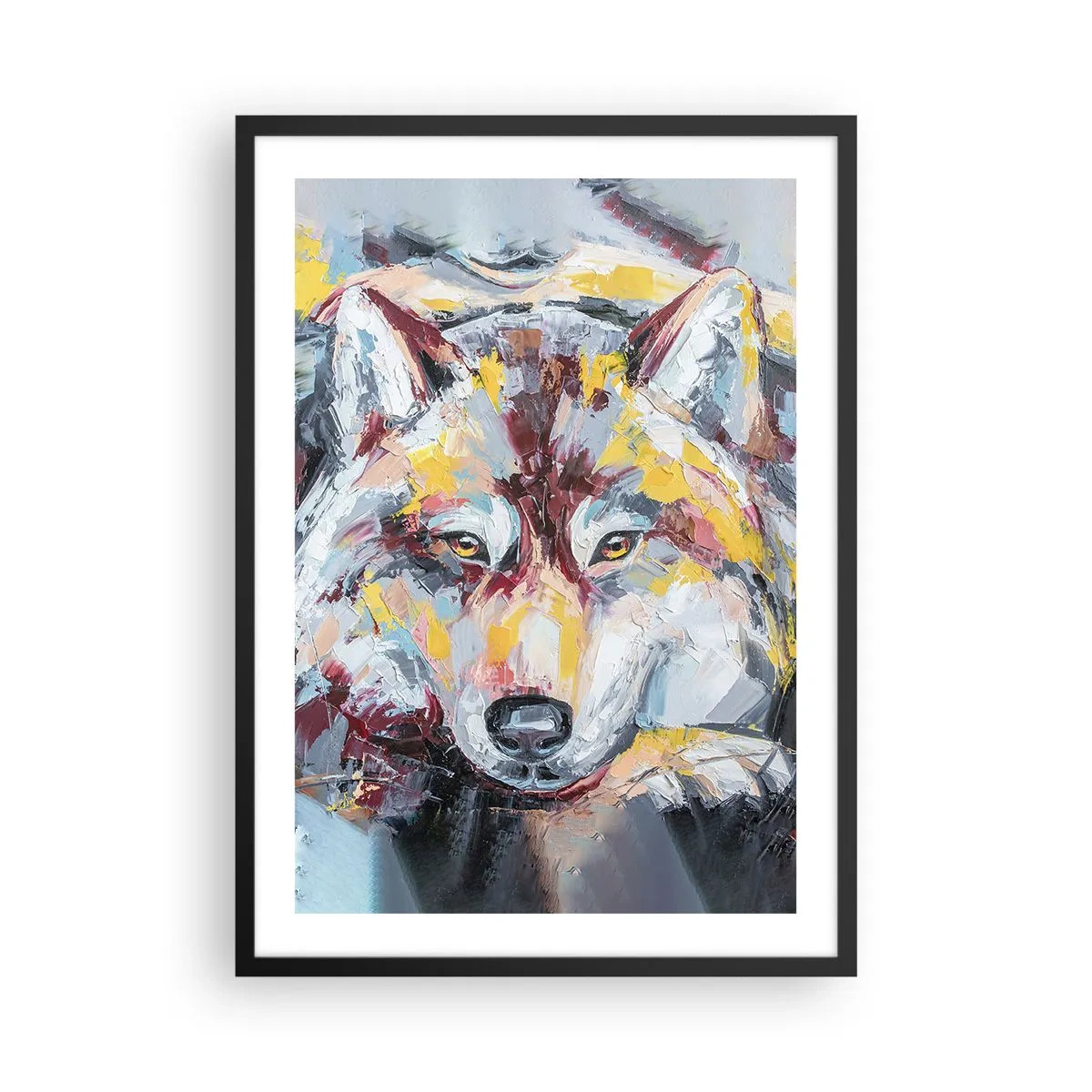 Plakat i sort ramme - Abstrakt portræt af en ulv med farverige penselstrøg. - 50x70cm - Fred blandt kære - Moderne vægdekoration til stue og soveværelse ARTTOR