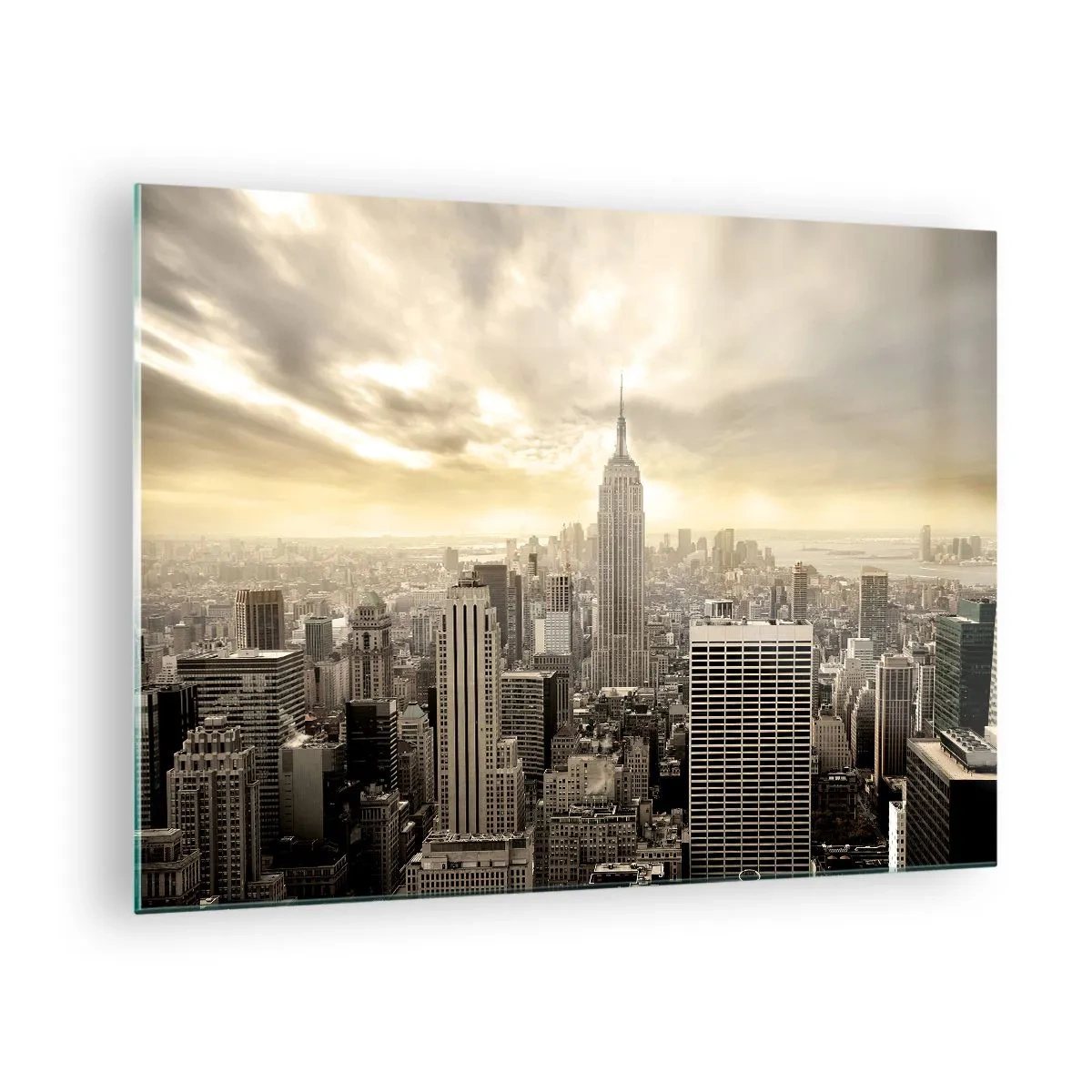 Billede på glas - Bypanorama med skyskrabere og Empire State Building - 70x50cm - New York vævet af grå - Moderne vægdekoration til stue og soveværelse ARTTOR