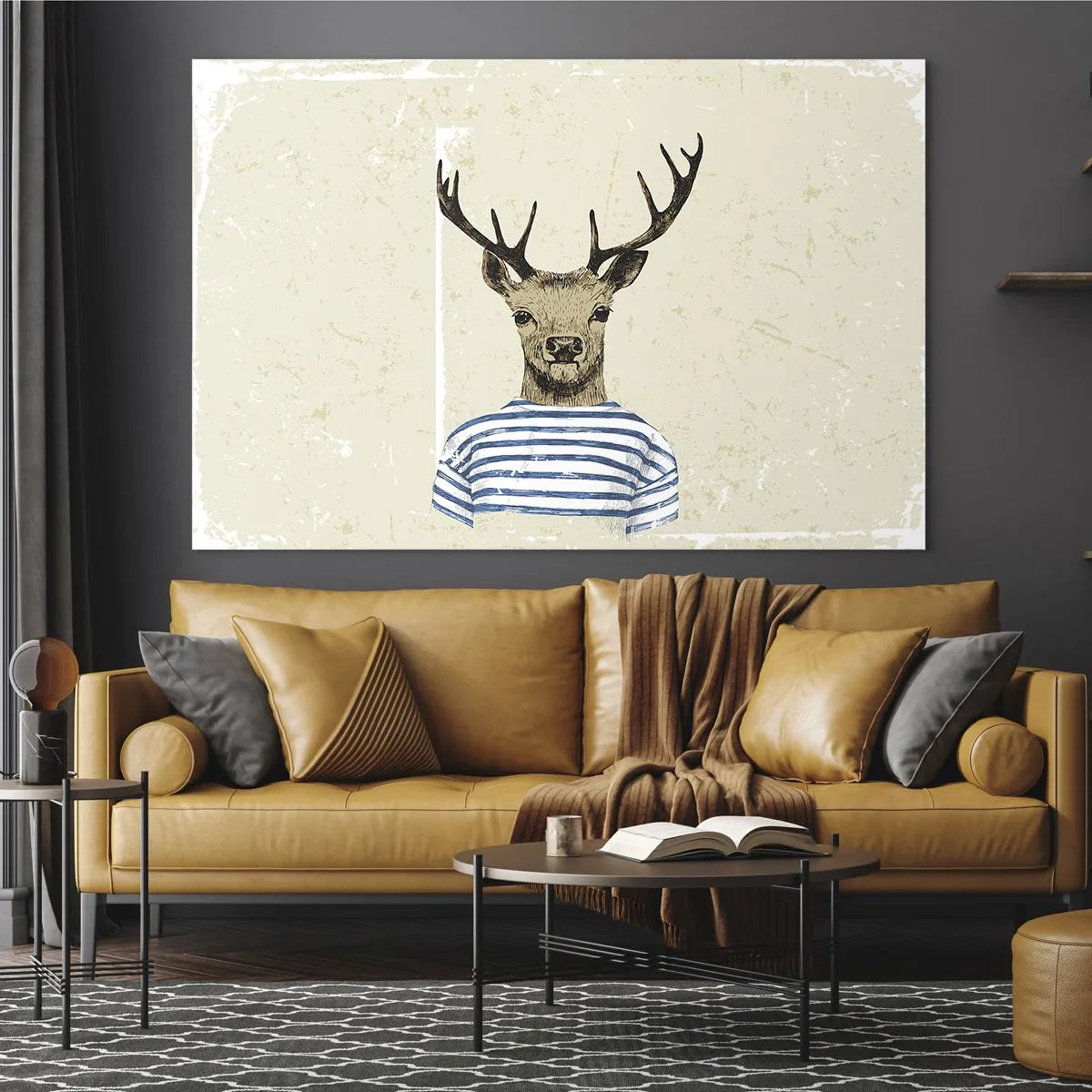 Billede på glas - Grafik af en hjort i en sømandsskjorte på en lys baggrund - 70x50cm - Fordi jeg kan lide stribede skjorter! - Moderne vægdekoration til stue og soveværelse ARTTOR