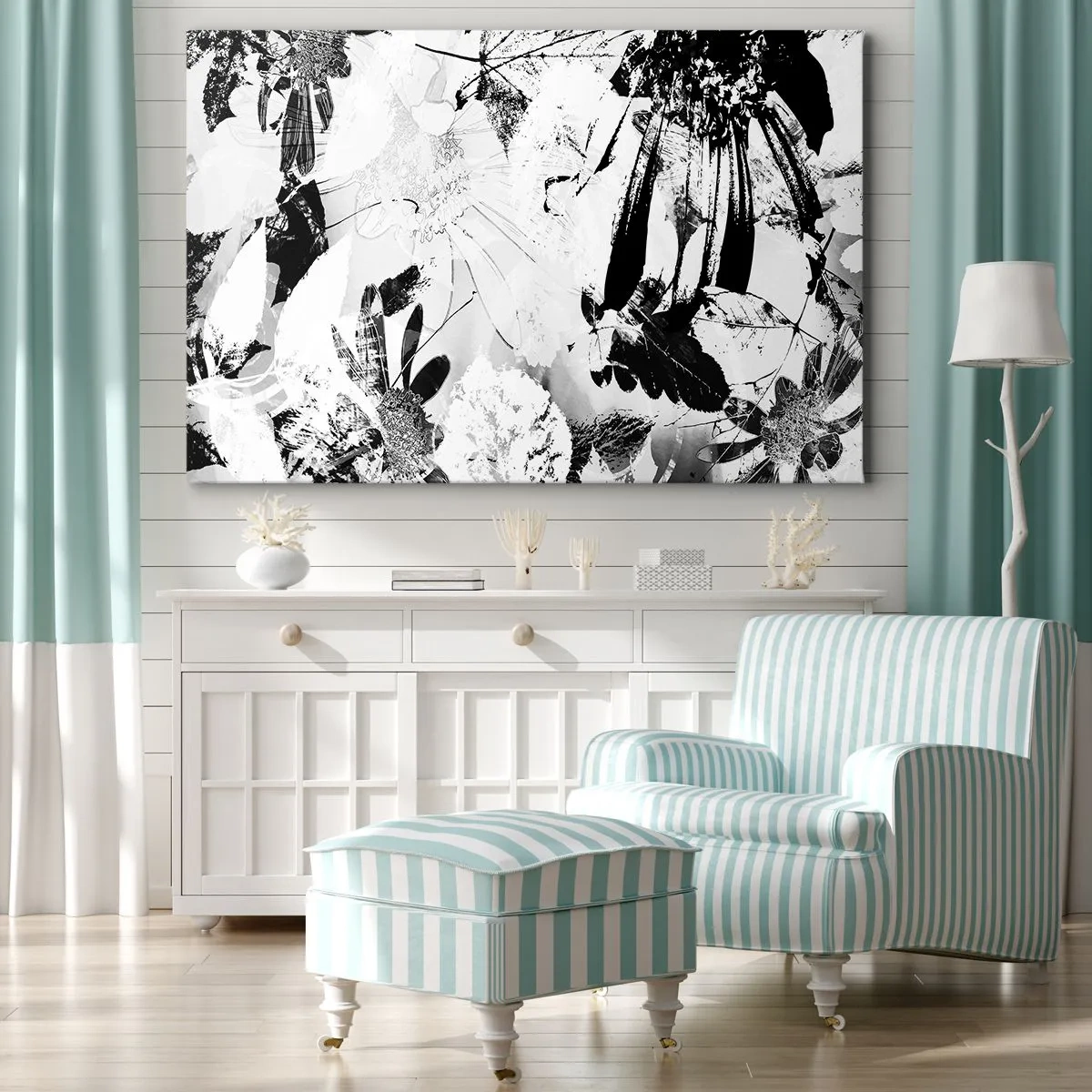 Lærredstryk - Billede på lærred - Sort-hvide abstrakte blomster i minimalistisk stil - 70x50cm - Efterår i det negative - Moderne vægdekoration til stue og soveværelse ARTTOR