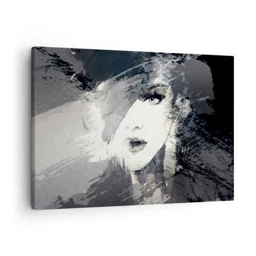 Lærredstryk - Billede på lærred - Et abstrakt portræt af en kvinde i grå nuancer med fine accenter. - 70x50cm - Bag et gråt slør - Moderne vægdekoration til stue og soveværelse ARTTOR