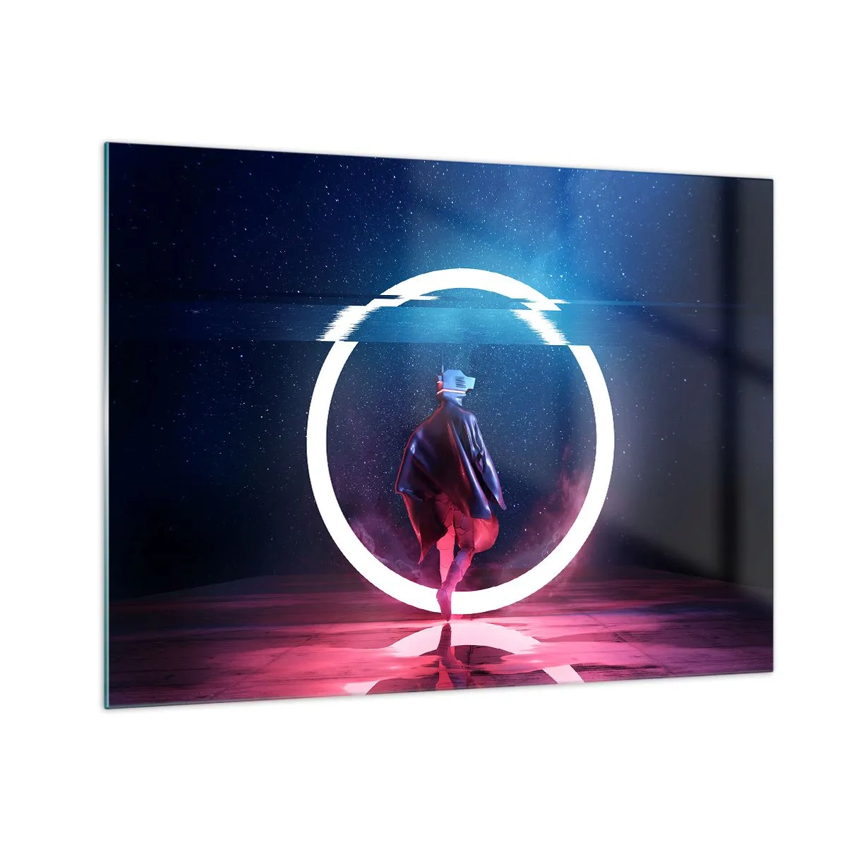 Billede på glas - En figur i en futuristisk setting med en neonring - 70x50cm - Mellem verdener - Moderne vægdekoration til stue og soveværelse ARTTOR