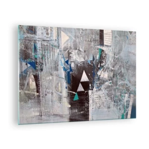 Billede på glas - Geometriske trekanter mod baggrunden af en abstrakt komposition i grå nuancer. - 70x50cm - Overordnet rækkefølge af trekanter - Moderne vægdekoration til stue og soveværelse ARTTOR