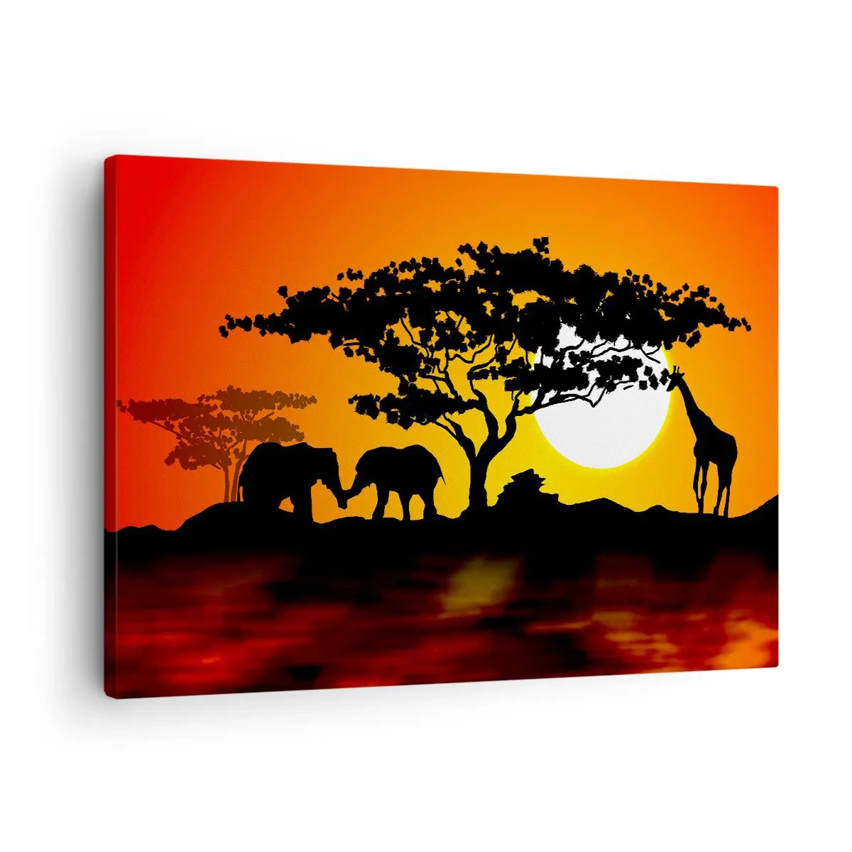 Lærredstryk - Billede på lærred - Afrikansk solnedgang med silhuetter af elefanter og giraffer over vandet - 70x50cm - Møde på savannen - Moderne vægdekoration til stue og soveværelse ARTTOR