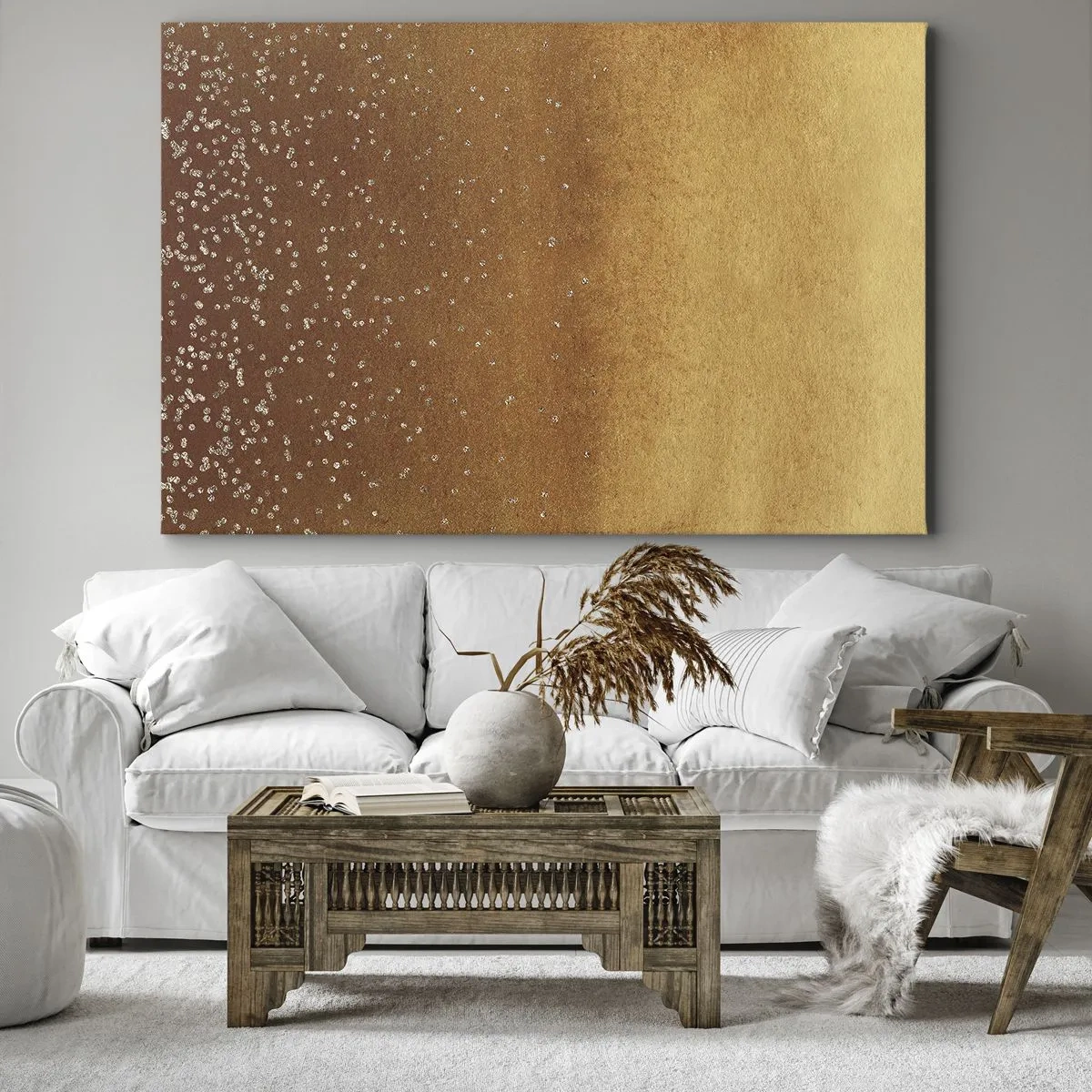 Lærredstryk - Billede på lærred - En gylden gradient med diskret glimmer og udsmykning - 70x50cm - Lysets fødsel - Moderne vægdekoration til stue og soveværelse ARTTOR