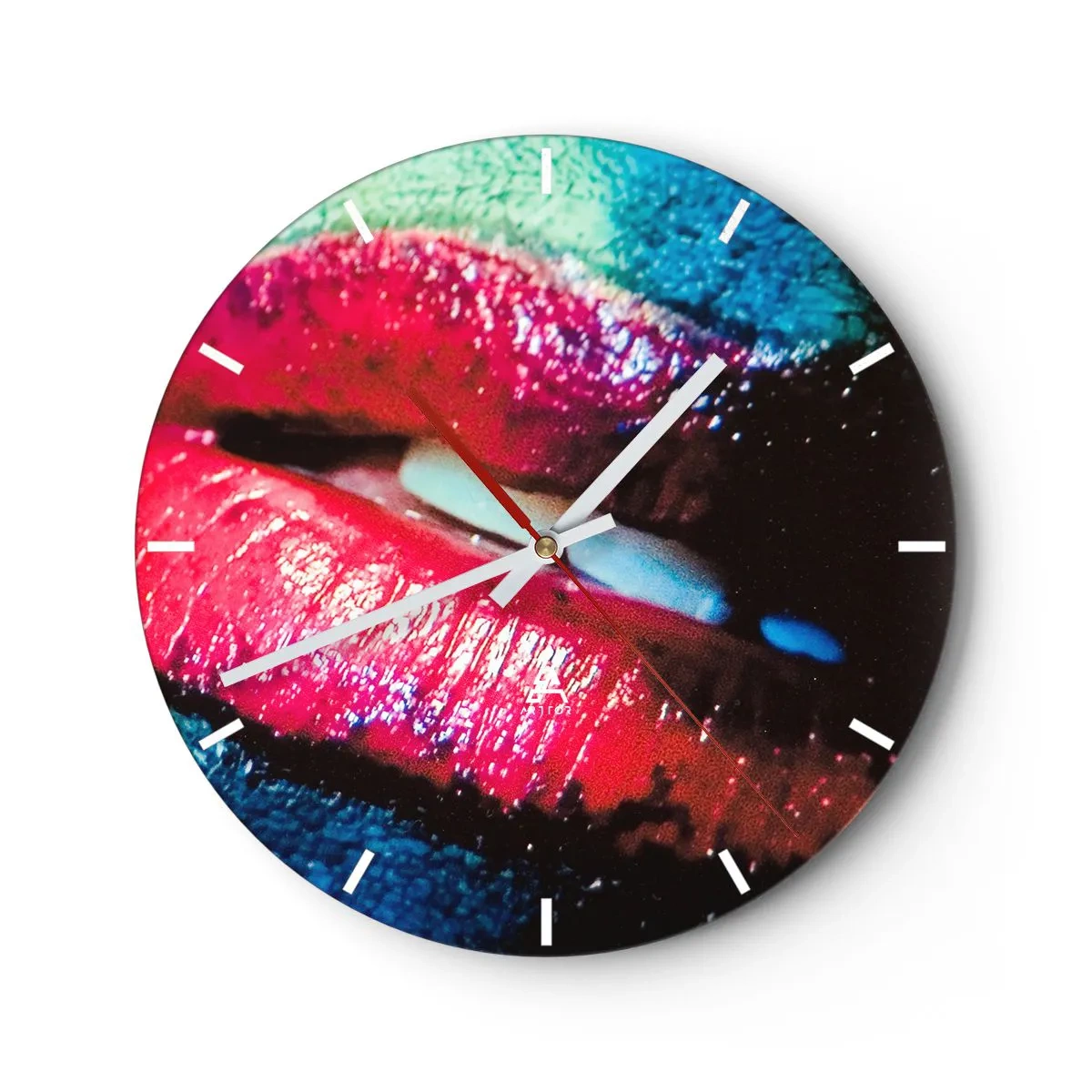 Vægur, Uret - Kunstnerisk nærbillede af læber med intense farver - 30x30cm - Sensuel og foruroligende - Moderne vægdekoration til stue, køkken og soveværelse ARTTOR
