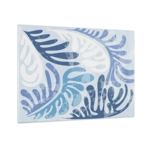 Billede på glas - Dekorative bregneblade i blå nuancer på en lys baggrund - 70x50cm - Blå bregner - Moderne vægdekoration til stue og soveværelse ARTTOR