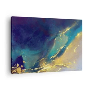 Lærredstryk - Billede på lærred - Abstrakt komposition i nuancer af blå og guld på lærred - 70x50cm - Gylden marsk - Moderne vægdekoration til stue og soveværelse ARTTOR