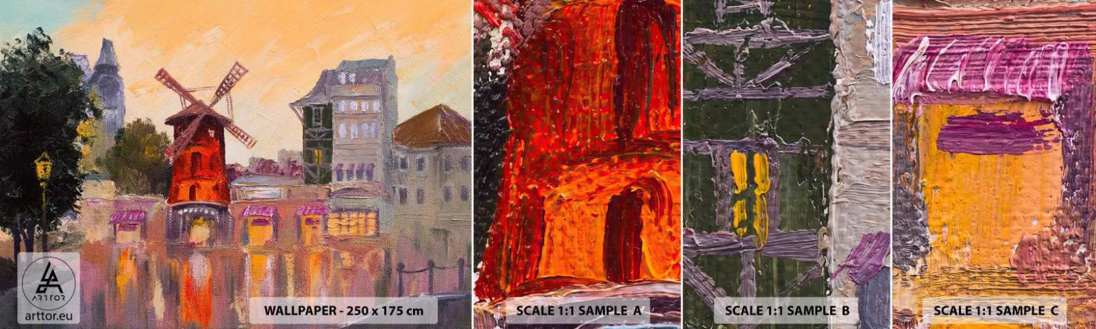 Prøve Fototapet Selvklæbende Deluxe Sticker - Parisiske ikoner - Moulin Rouge - Paris, Ventilator, Moulin Rouge - 100x30 cm