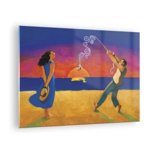 Billede på glas - Farverig abstrakt af et par på stranden ved solnedgang - 70x50cm - Mere end en stjerne fra himlen - Moderne vægdekoration til stue og soveværelse ARTTOR