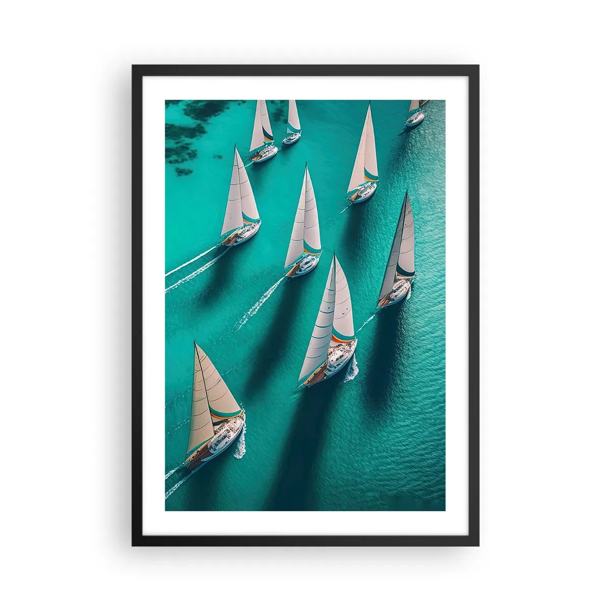 Plakat i sort ramme - Sejlkapsejlads på turkisblåt vand - 50x70cm - Konkurrerer med vinden - Moderne vægdekoration til stue og soveværelse ARTTOR