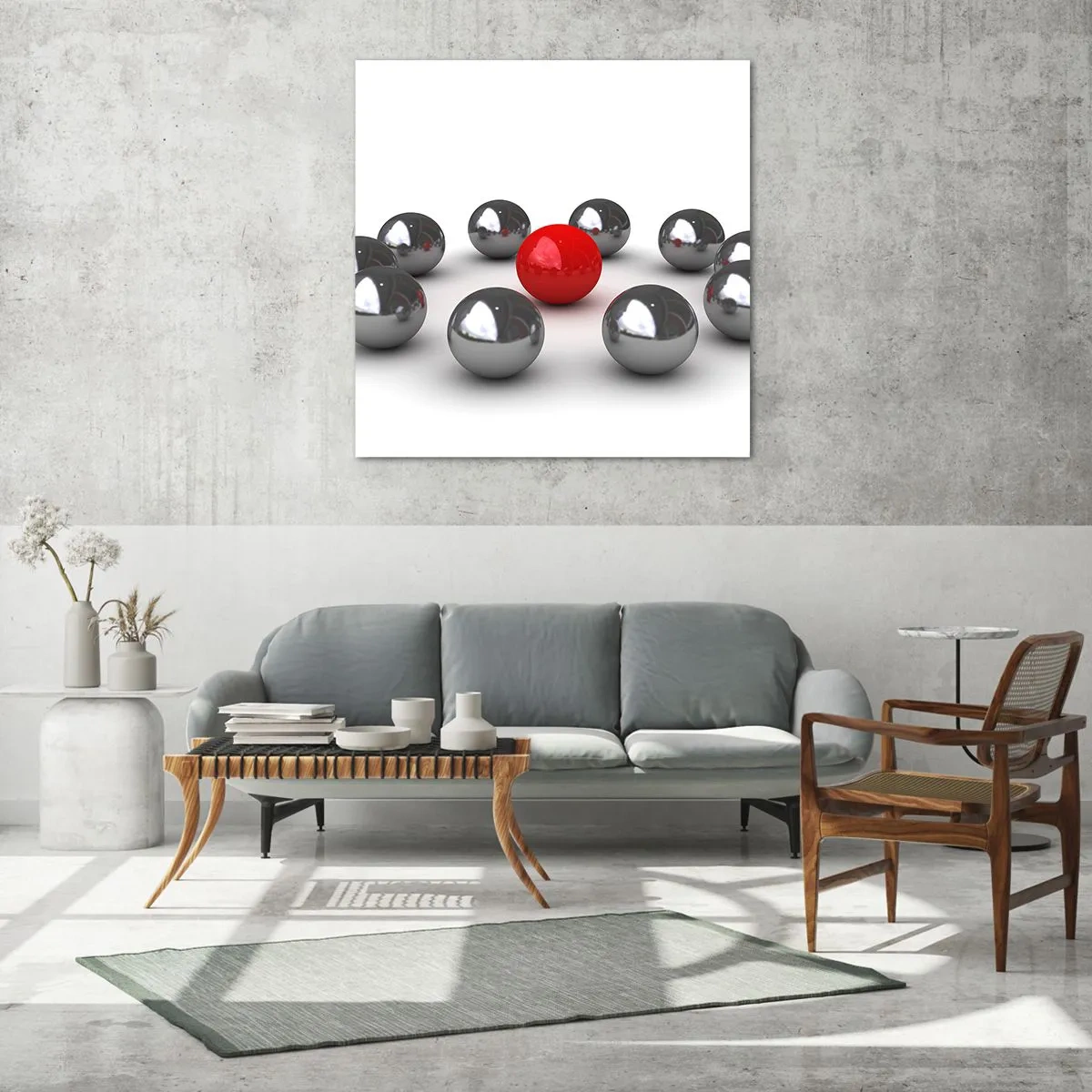 Billede på glas - Cirkel i sølv og rød - 70x70 cm