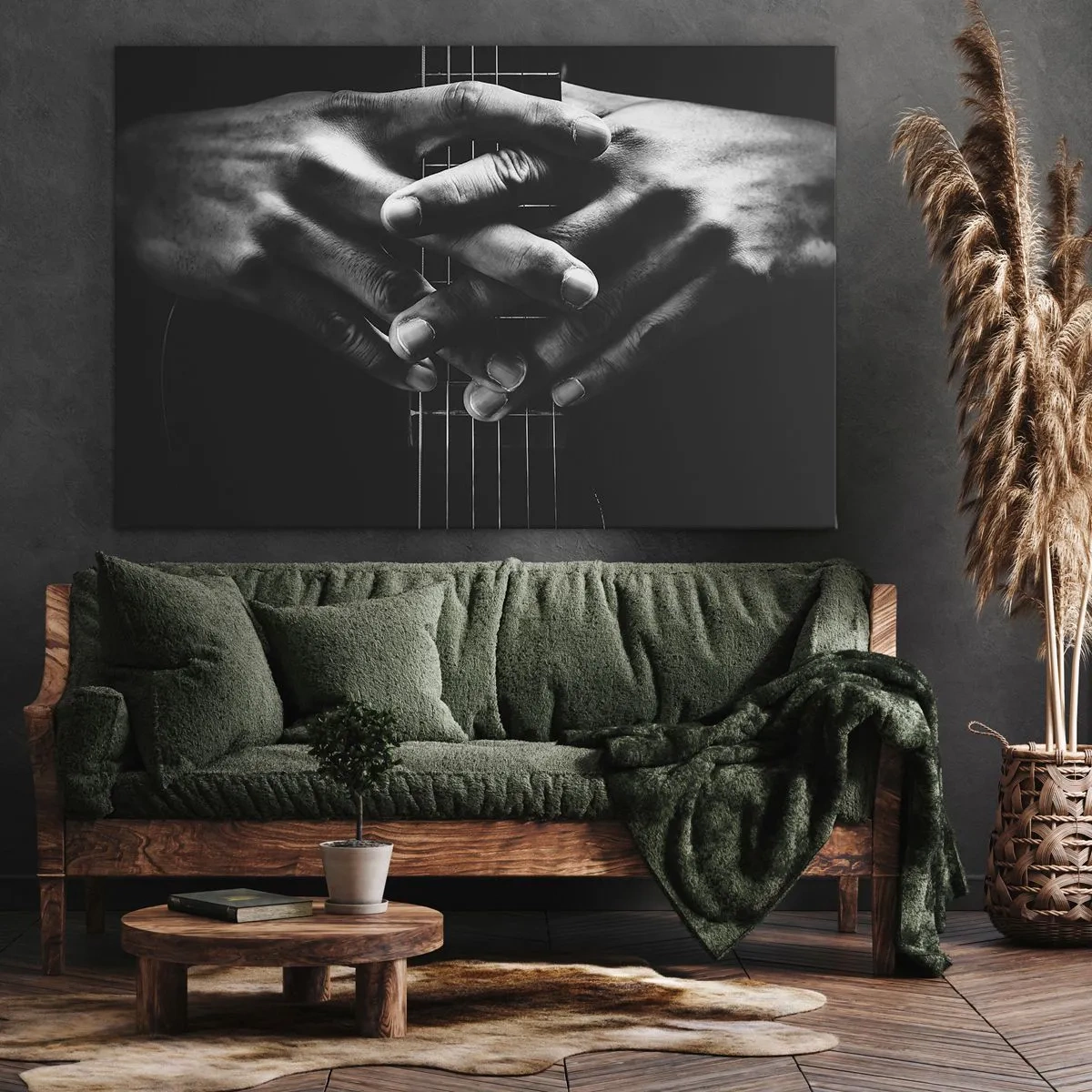 Lærredstryk - Billede på lærred - Hænder foldet på en guitar i en monokromatisk tone - 70x50cm - Kunstnerens bøn - Moderne vægdekoration til stue og soveværelse ARTTOR