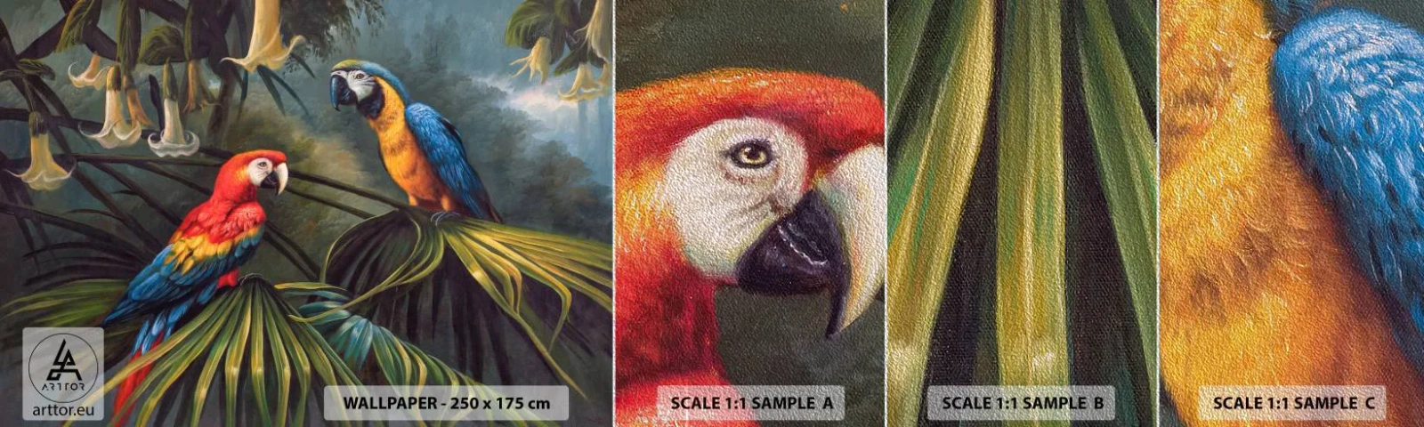 Prøve Fototapet Premium Sand - Romantik i troperne - Ara papegøje, Dyr, Tropisk skov - 100x30 cm