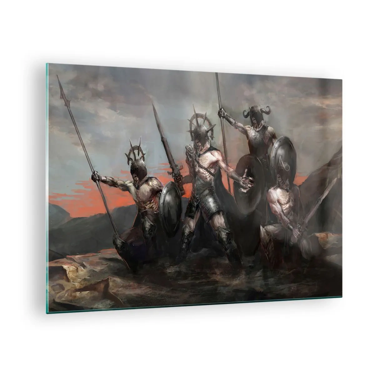 Billede på glas - Krigere med spyd og skjolde mod den røde himmel - 70x50cm - Med et skjold eller på et skjold - Moderne vægdekoration til stue og soveværelse ARTTOR