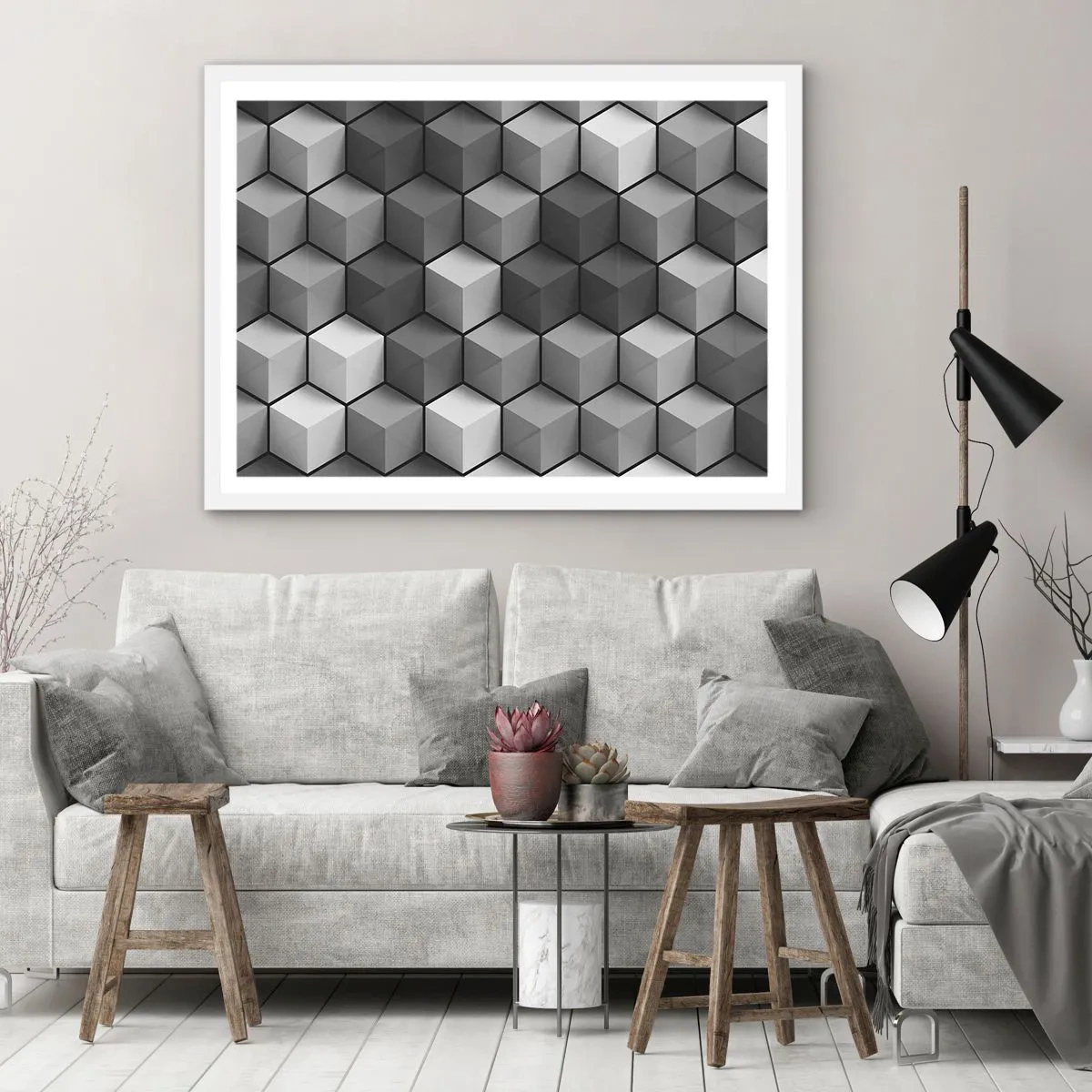 Plakat i hvid ramme - Kubistisk puslespil - 70x50 cm