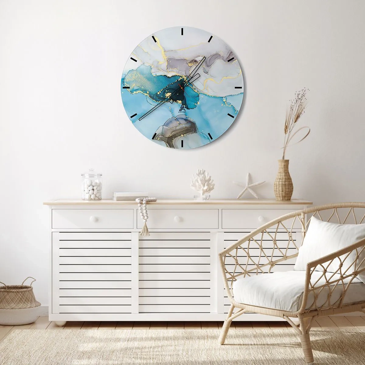 Vægur, Uret - En abstrakt kombination af grå, turkis og guld accenter - 30x30cm - En undersøgelse af mødet mellem grå og turkis - Moderne vægdekoration til stue, køkken og soveværelse ARTTOR