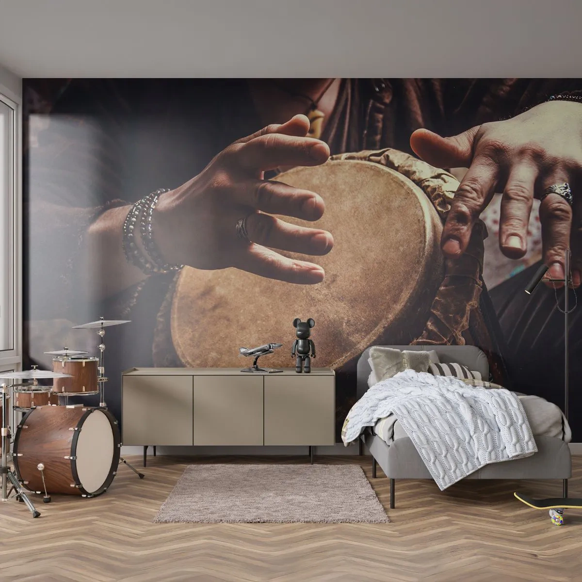 Fototapet Selvklæbende Deluxe Sticker - I hjertets rytme - Trommespil, Afrika, musik - 250x175 cm