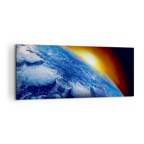 Lærredstryk - Billede på lærred - Solopgang over den blå planet - 120x50 cm