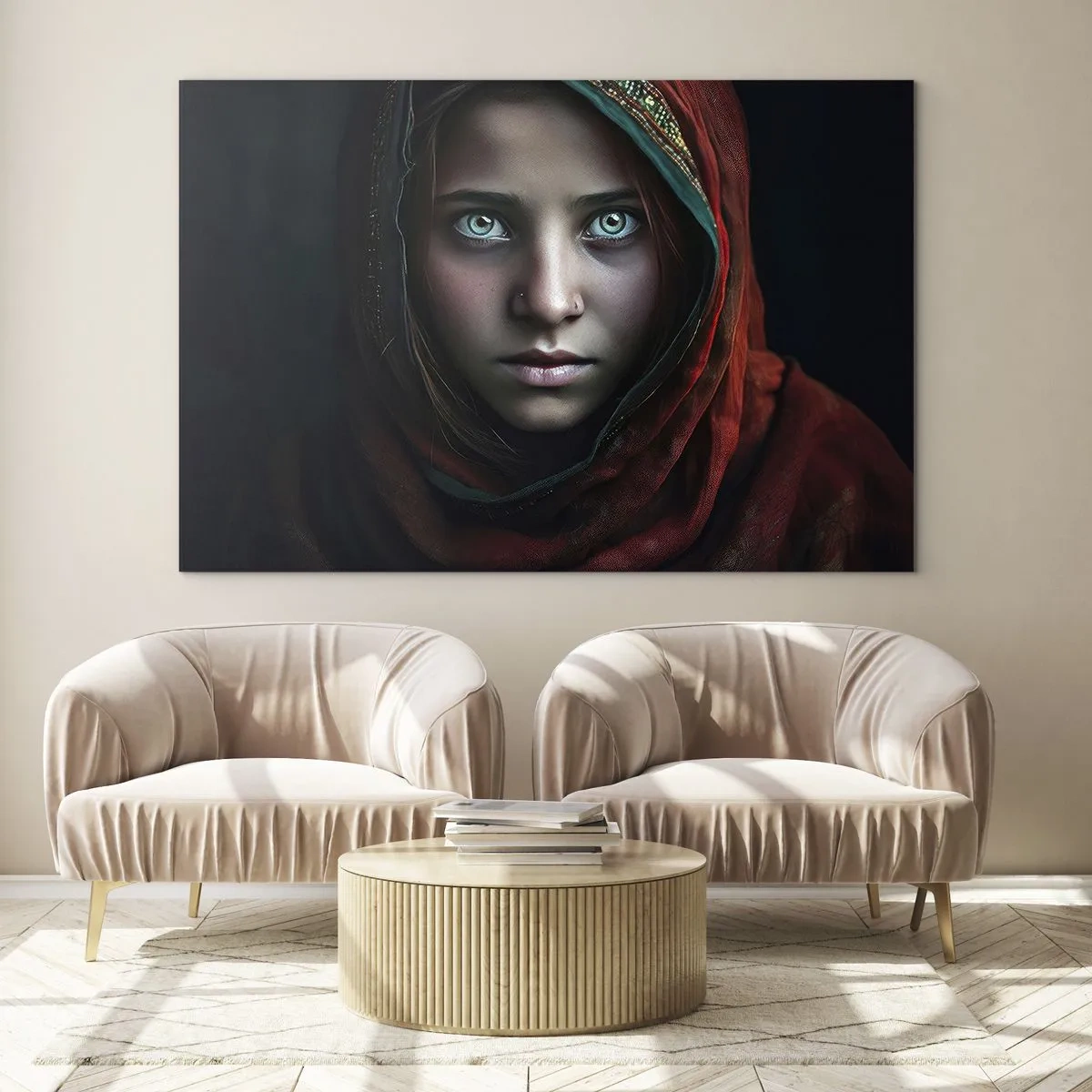 Billede på glas - Portræt af en kvinde i et rødt tørklæde mod en mørk baggrund - 70x50cm - Østens prinsesse - Moderne vægdekoration til stue og soveværelse ARTTOR