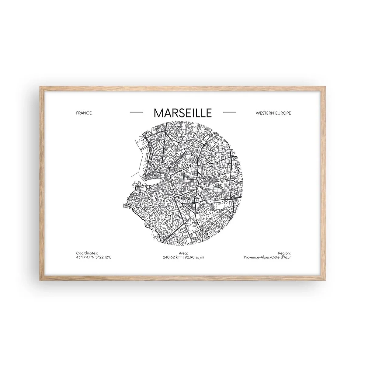 Plakat i ramme af lyst egetræ - Marseilles anatomi - 91x61 cm