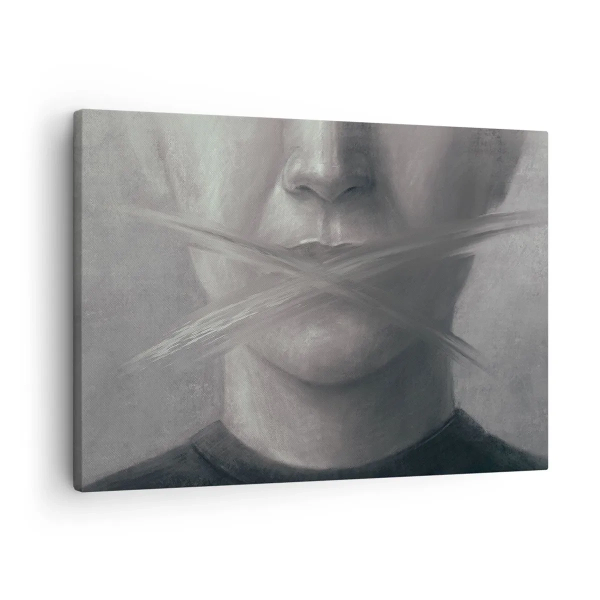 Lærredstryk - Billede på lærred - Et symbolsk portræt med slørede læber i grå toner. - 70x50cm - Ikke et ord - Moderne vægdekoration til stue og soveværelse ARTTOR