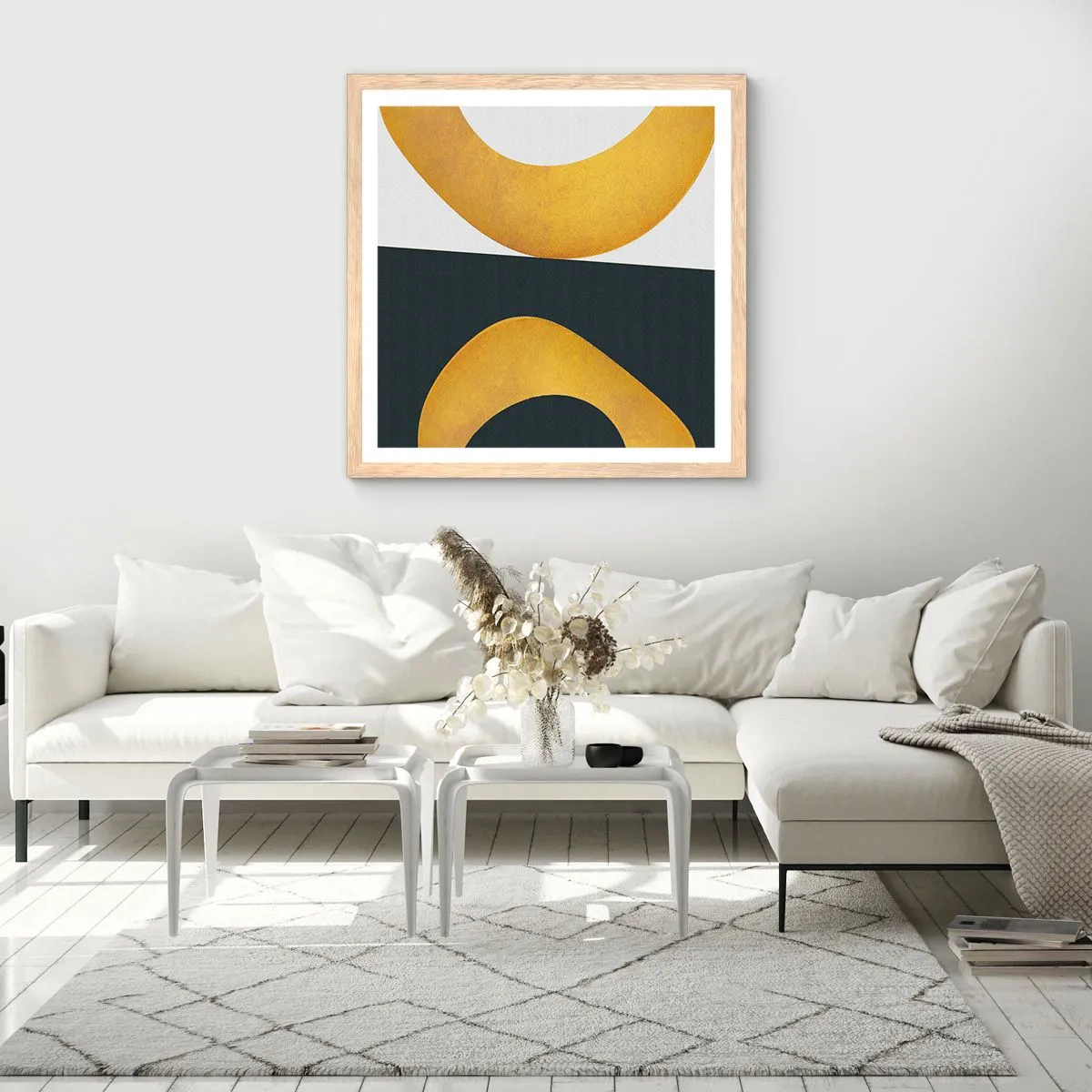 Plakat i ramme af lyst egetræ - Først: guld - 60x60 cm