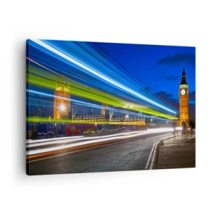 Lærredstryk - Billede på lærred - Big Ben om natten med effekten af lys i gadetrafikken - 70x50cm - Under Big Ben's øjne - Moderne vægdekoration til stue og soveværelse ARTTOR