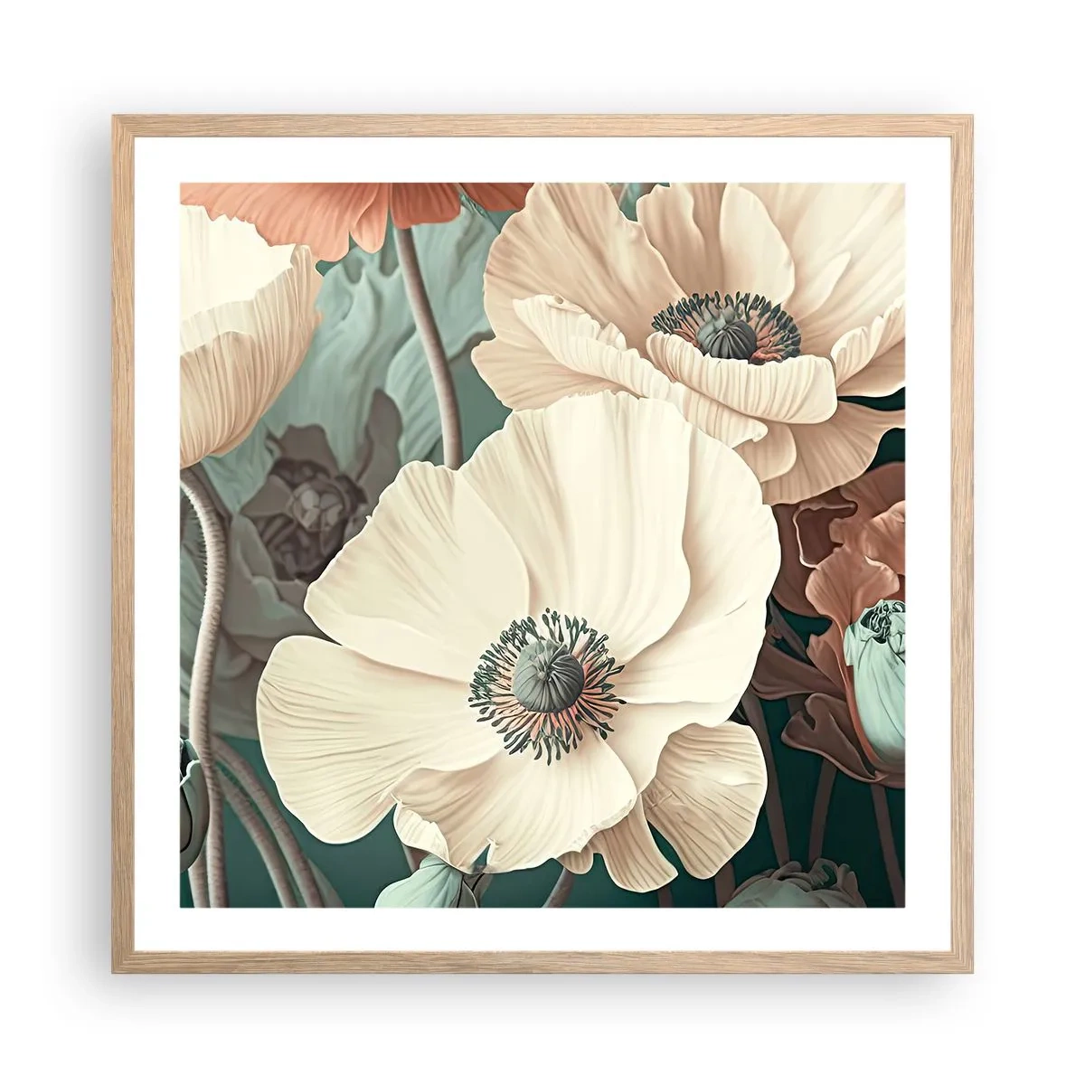 Plakat i ramme af lyst egetræ - Valmuernes hvisken - 60x60 cm