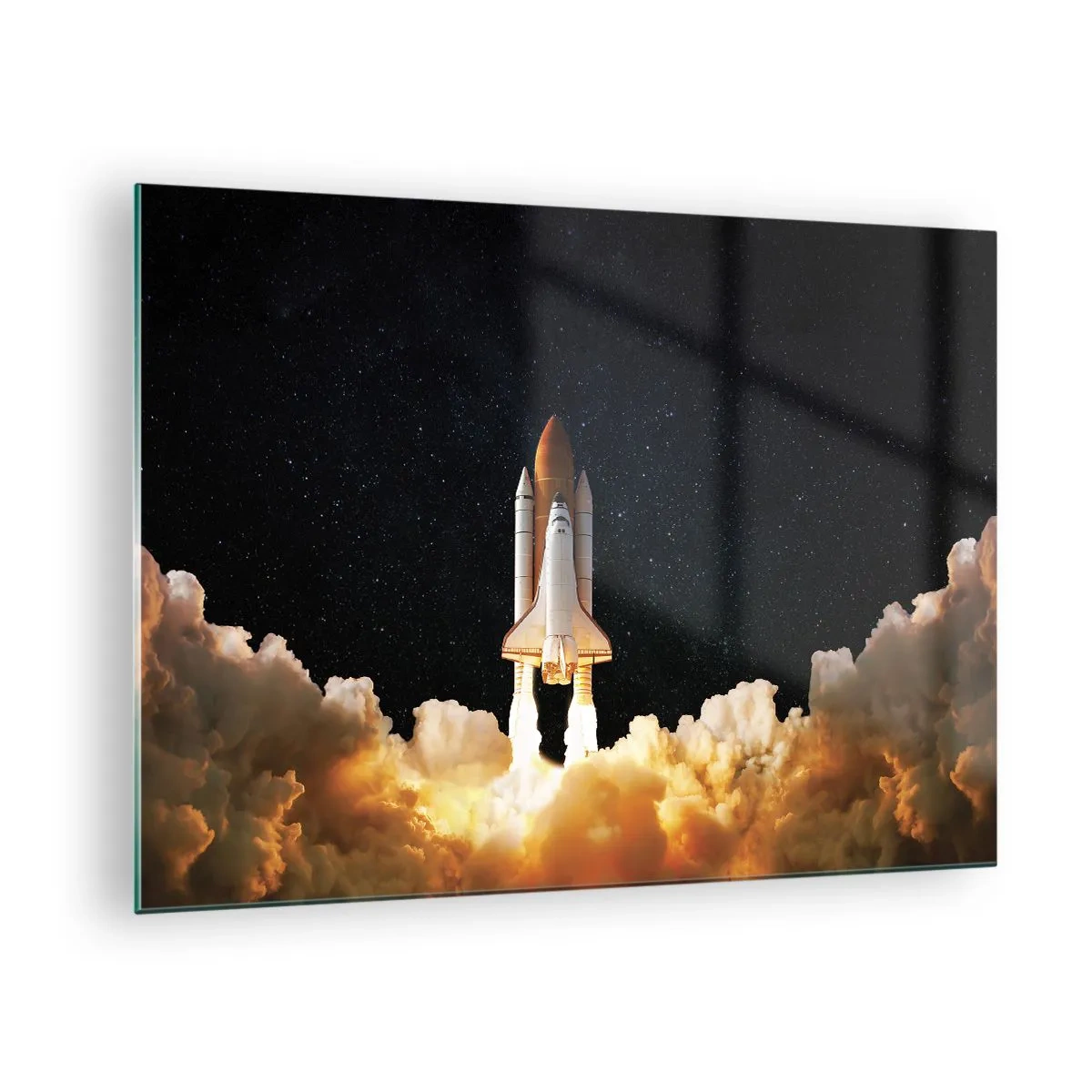 Billede på glas - En rumfærge, der letter mod en stjerneklar himmel - 70x50cm - Ad astra! - Moderne vægdekoration til stue og soveværelse ARTTOR