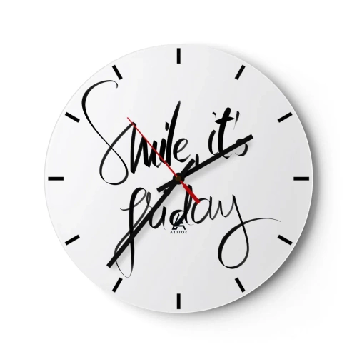 Vægur, Uret - Smil det er fredag-citat i stilfuld sort-hvid grafik - 30x30cm - Ægte glæde - Moderne vægdekoration til stue, køkken og soveværelse ARTTOR