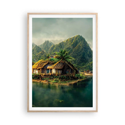 Plakat i ramme af lyst egetræ - Tropisk paradis - 70x100 cm