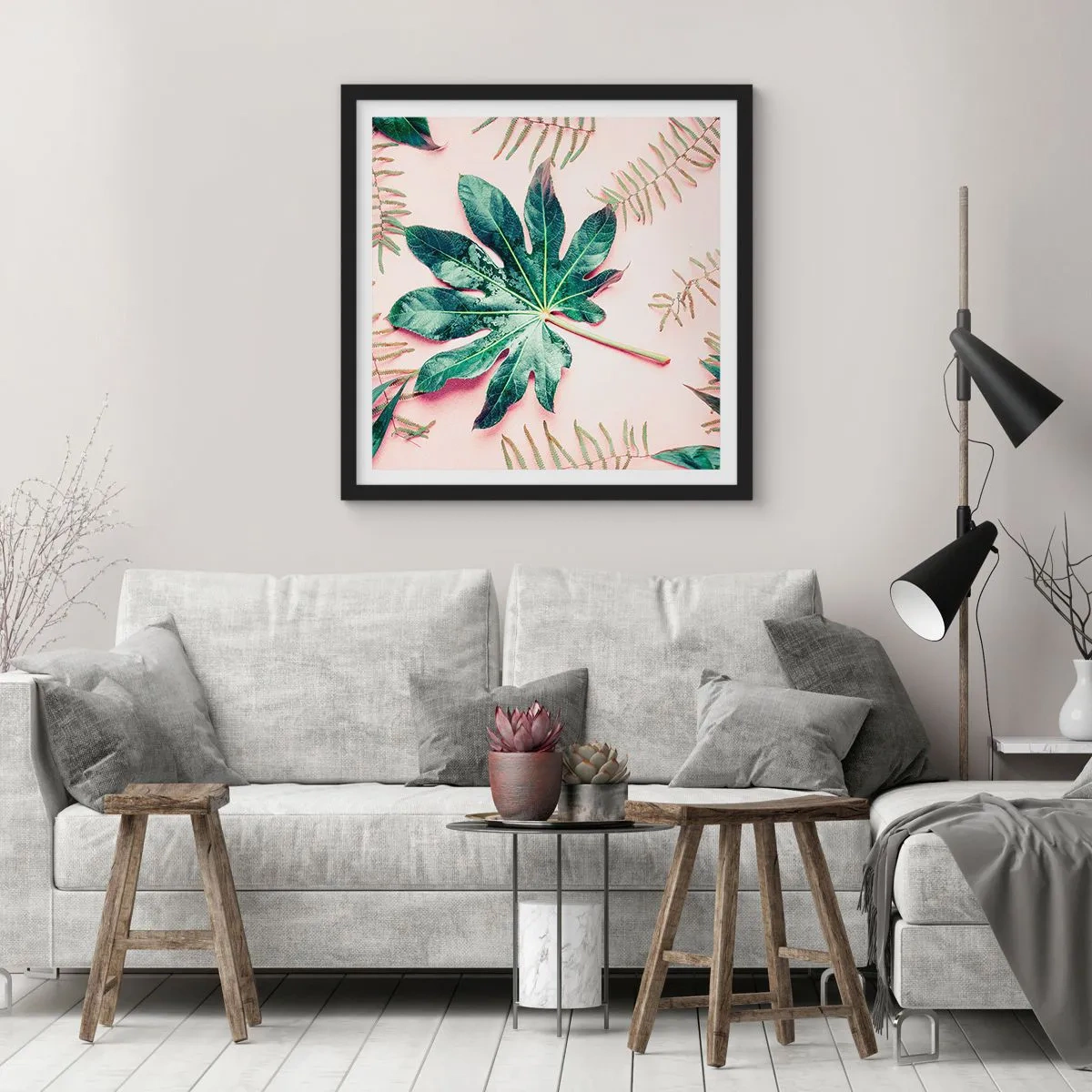 Plakat i sort ramme - En undersøgelse af grønt på en lyserød baggrund - 60x60 cm