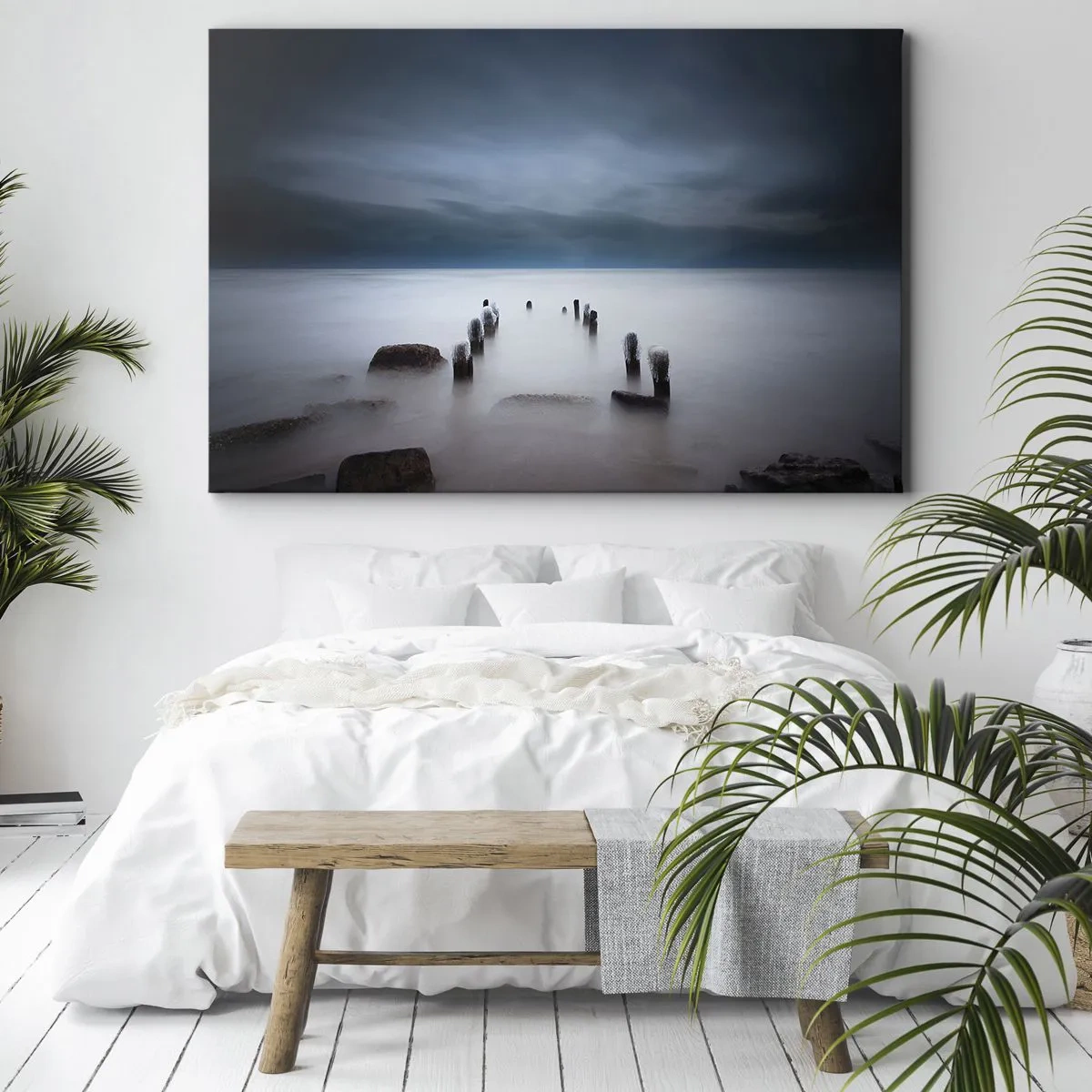 Lærredstryk - Billede på lærred - Den gamle mole mod baggrunden af et roligt hav - 70x50cm - En betænksom sø - Moderne vægdekoration til stue og soveværelse ARTTOR