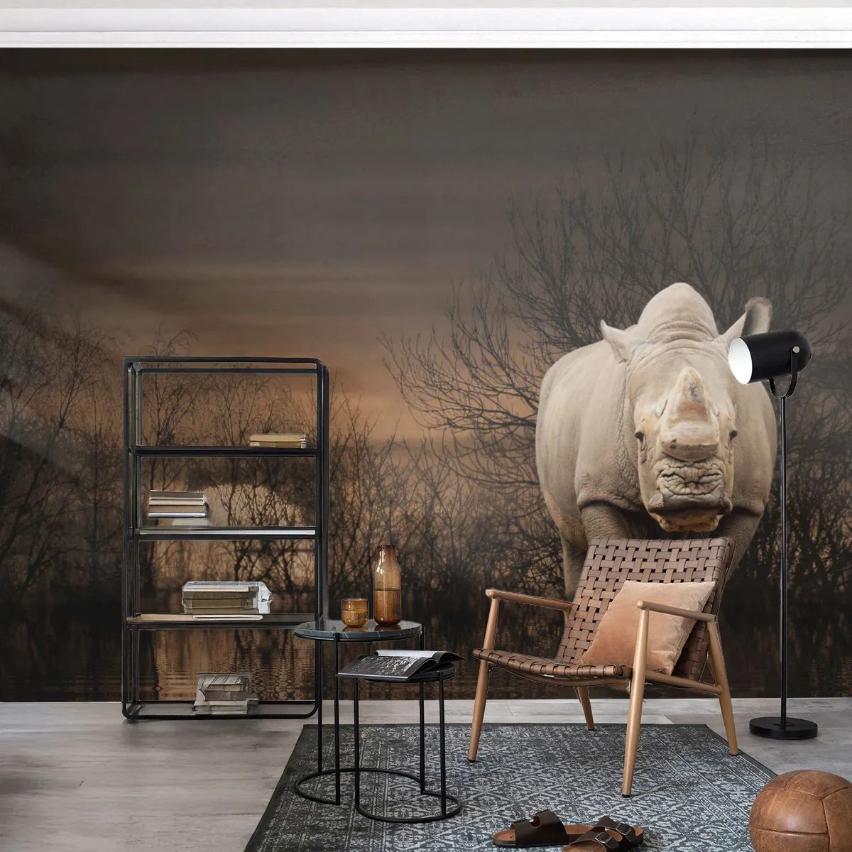 Fototapet Premium Sand - Hvidt mod naturen - Næsehorn, Dyr, Afrika - 400x280 cm