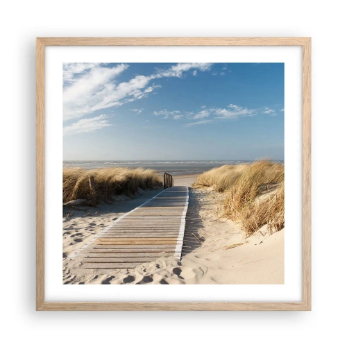 Plakat i ramme af lyst egetræ - Bag klitten, i græssets summen - 50x50 cm