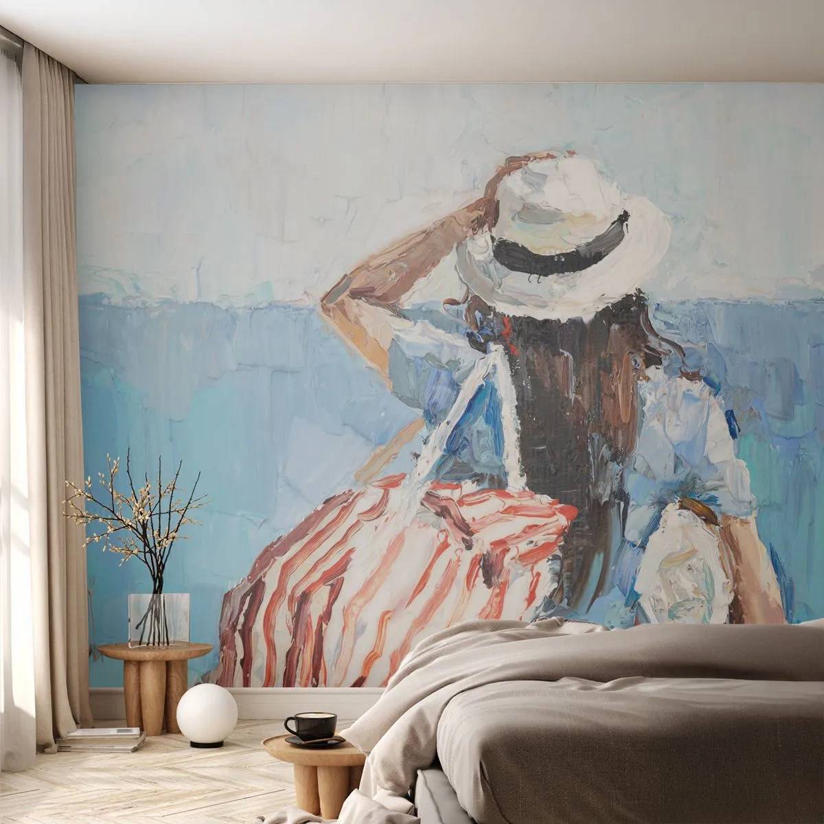 Fototapet Standard Eco - Kvinde med taske og hat ved havet i impressionistisk stil - 100x70cm - Velkommen på ferie - Moderne vægdekoration til stue og soveværelse ARTTOR