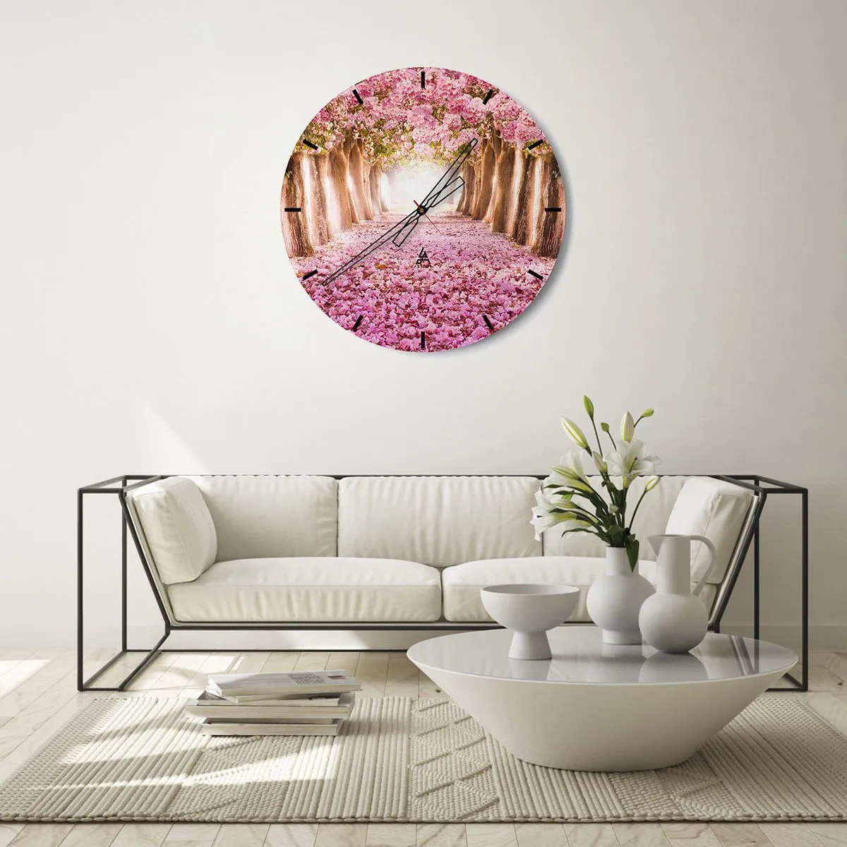 Vægur, Uret - En allé med blomstrende kirsebærtræer - 30x30cm - Vejen til paradis - Moderne vægdekoration til stue, køkken og soveværelse ARTTOR